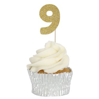 Gold Glitter 9 Glitter Number Cupcake Toppers - 12pk