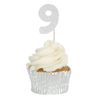 Silver Glitter 9 Glitter Number Cupcake Toppers - 12pk