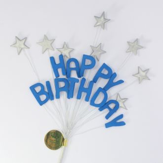 Royal Blue Happy Birthday & Silver Stars Cake Topper Spray