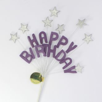 Deep Lilac Happy Birthday & Silver Stars Cake Topper Spray