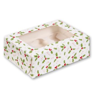 Holly Design 6 Cupcake Box with Insert