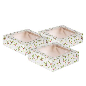 Holly Design Small Square Treat Box - Pack of 3