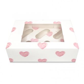 White with pink hearts satin cupcake box with window - holds 6