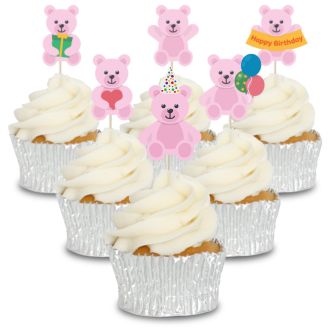Pink Teddy Bear's Party Cupcake Toppers - 12pk