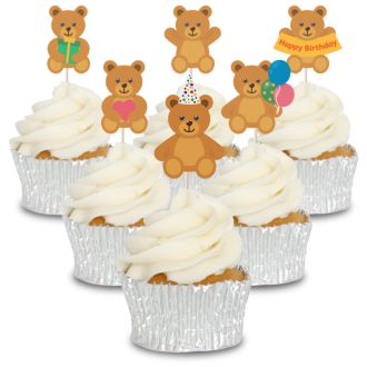 Brown Teddy Bear's Party Cupcake Toppers - 12pk