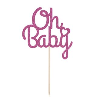 Pink Oh Baby Glitter Card Cake Topper