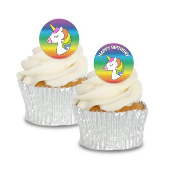 Edible Wafer Unicorn Happy Birthday Cupcake Toppers - 24pc