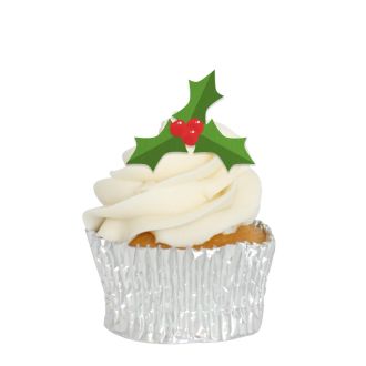 Edible Wafer Christmas Holly Cupcake Toppers - 24pc