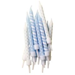 Blue Polka Dot & Candy Cane Stripe Candles With Holders - 12pk