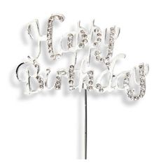 Silver Happy Birthday Diamante Cake Topper