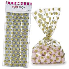 20 Gold Polka Dot Cello Bags With Ties - 125mm x 285mm