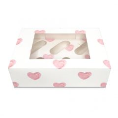 White with pink hearts satin cupcake box with window - holds 6