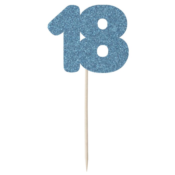 Buy Blue Glitter Number 18 Cupcake Toppers - 12pk Online