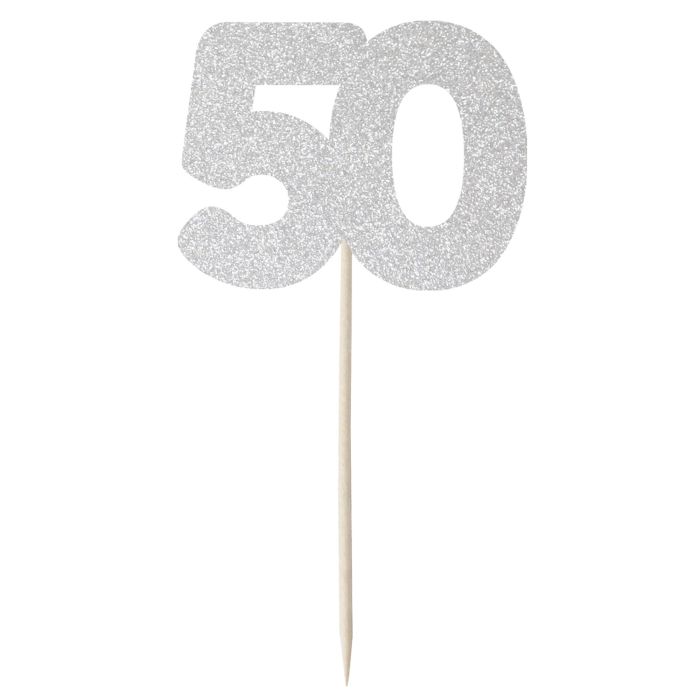 Buy Silver Glitter Number 50 Cupcake Toppers - 12pk Online